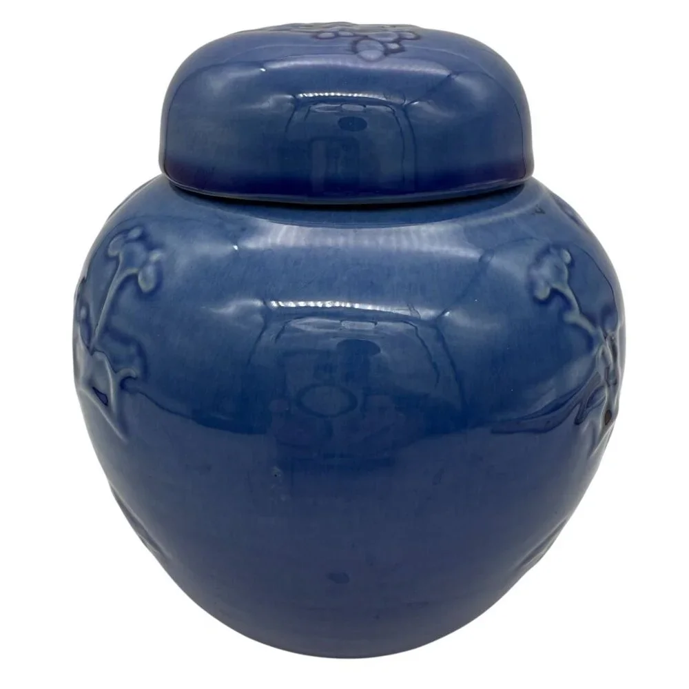 Metlox Blue Cherry Blossom Ginger Jar w/ Lid Floral Embossed California Pottery